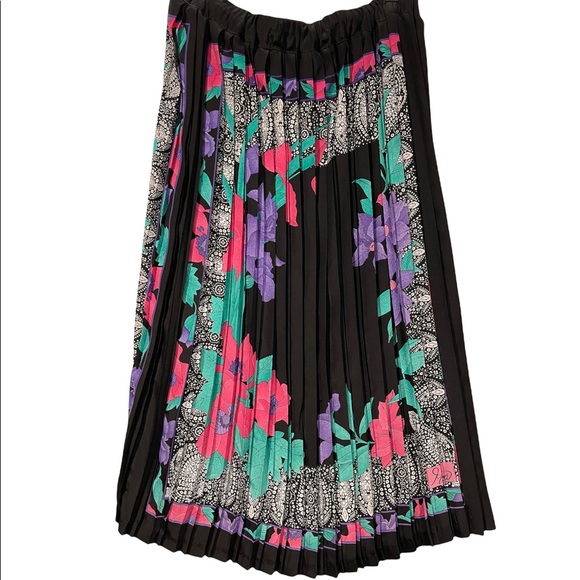 Vintage Floral Pleated Midi Skirt Pink Purple Black Green - Picture 9 of 9
